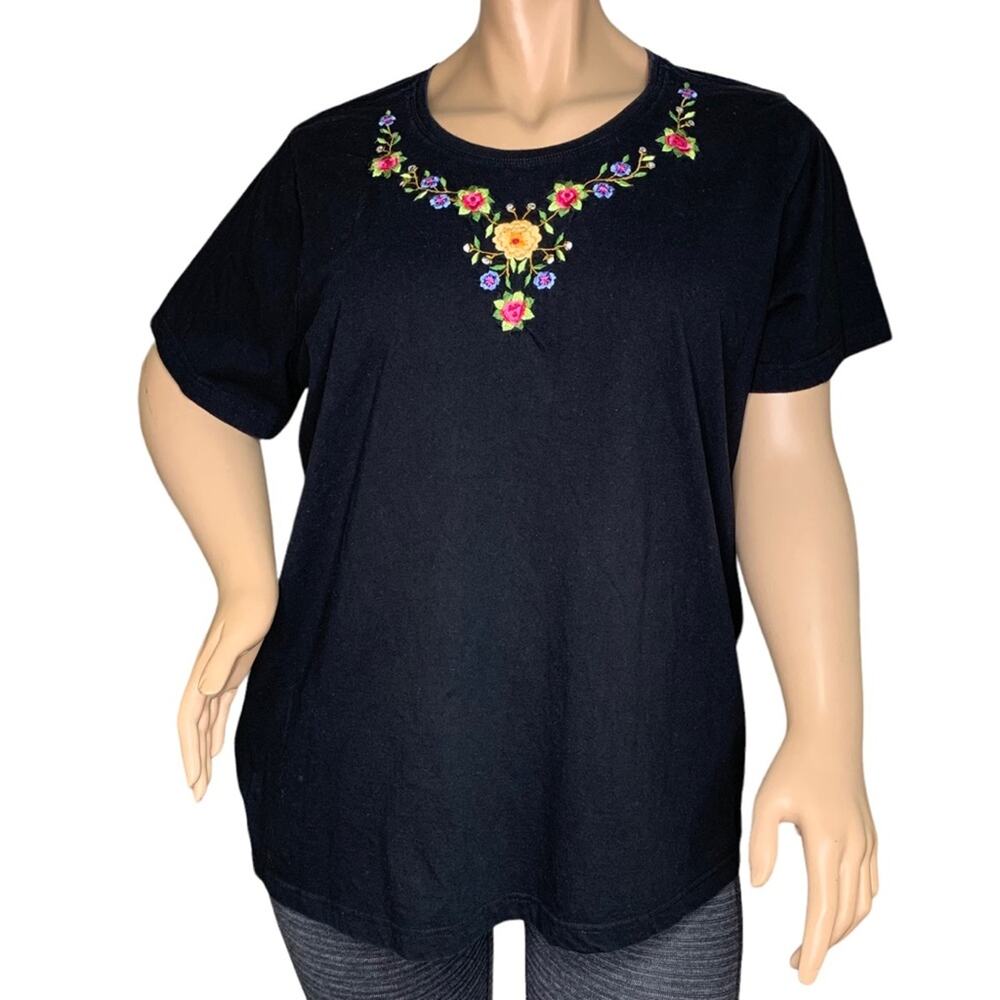 Veranesi Top Embroidery Multicolored Flowers Short Sleeve Pullover Size 2X